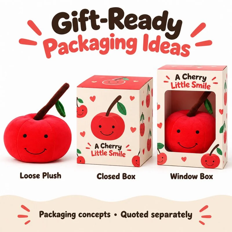 Smiling Red Cherry Plush — optional packaging concept; final artwork, fit and quotation require confirmation.