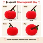 Smiling Red Cherry Plush — proposed size reference; dimensions require sample confirmation.