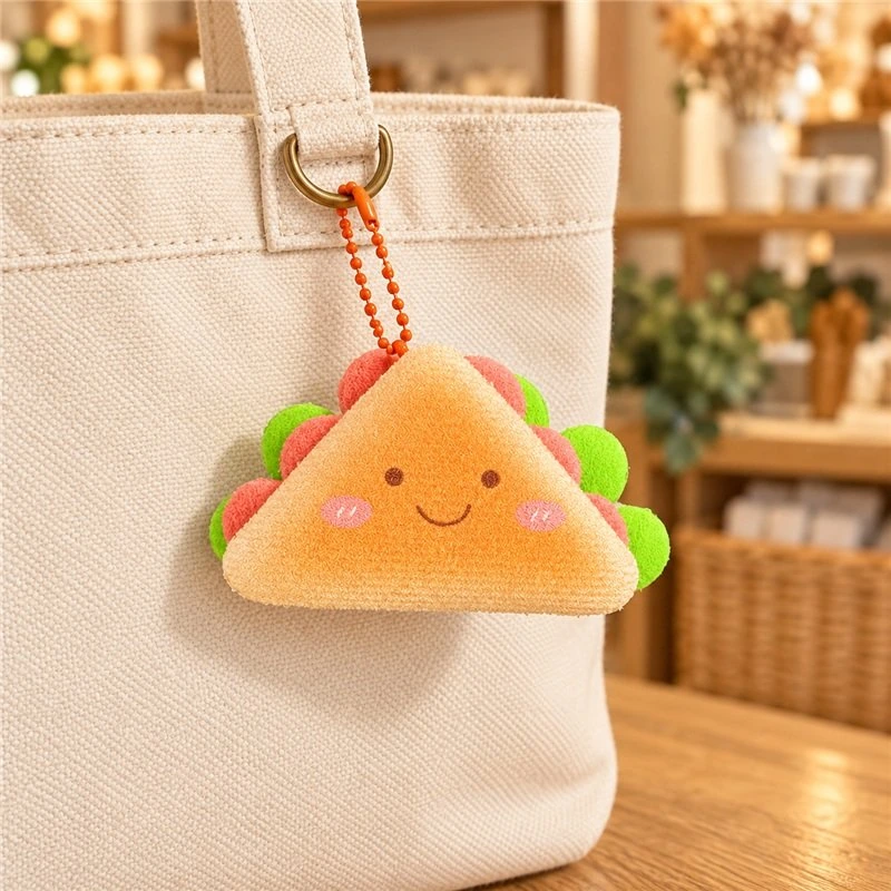 Illustrative application scene featuring smiling sandwich plush keychain; setting is a concept.