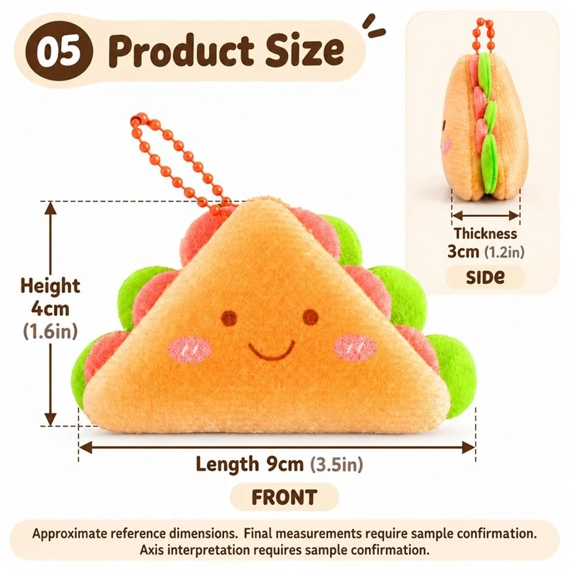 Smiling Sandwich Plush Keychain — proposed size reference; dimensions require sample confirmation.