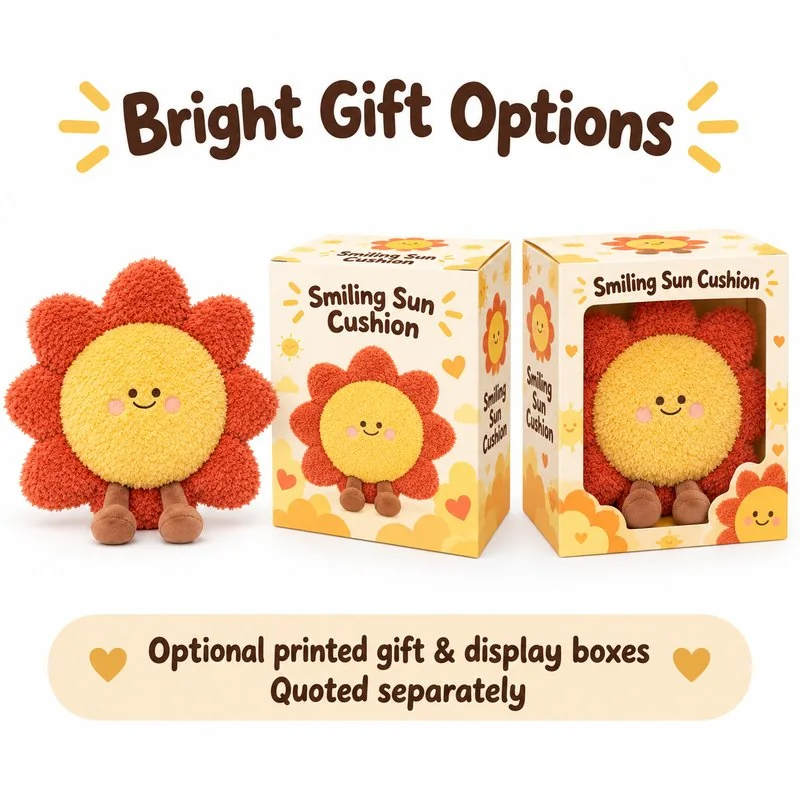 Smiling Sun Plush Pillow — optional packaging concept; final artwork, fit and quotation require confirmation.
