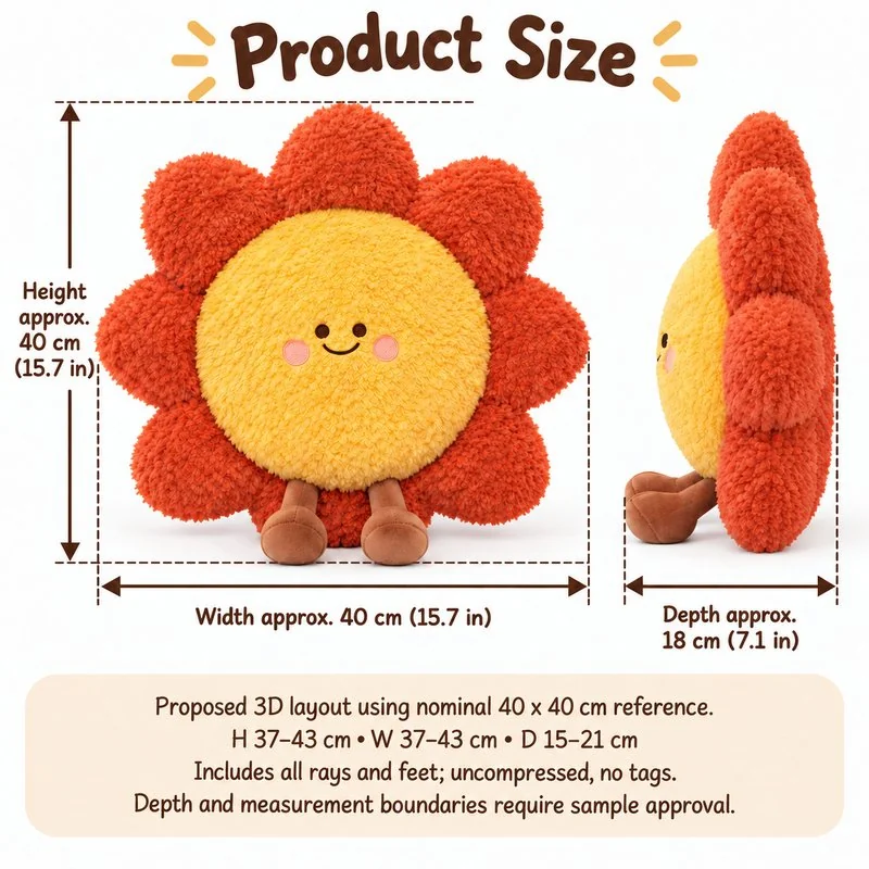 Smiling Sun Plush Pillow — proposed size reference; dimensions require sample confirmation.