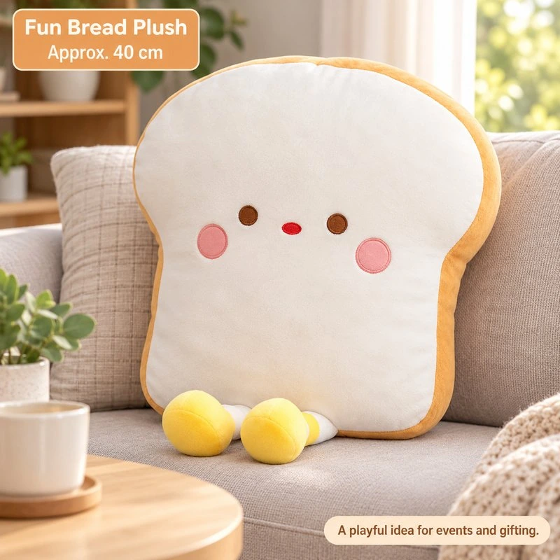 Illustrative application scene featuring smiling toast slice plush; setting is a concept.