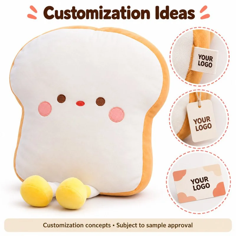 Customization concept for smiling toast slice plush; feasibility and sample approval required.