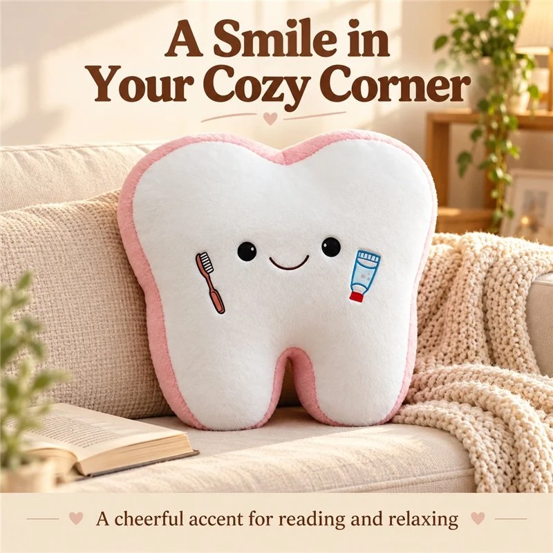 Illustrative application scene featuring smiling tooth pink edge plush pillow; setting is a concept.