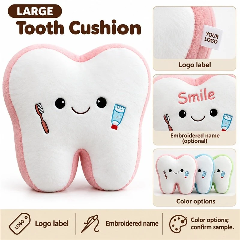 Customization concept for smiling tooth pink edge plush pillow; feasibility and sample approval required.