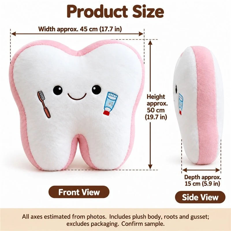 Smiling Tooth Pink Edge Plush Pillow — proposed size reference; dimensions require sample confirmation.