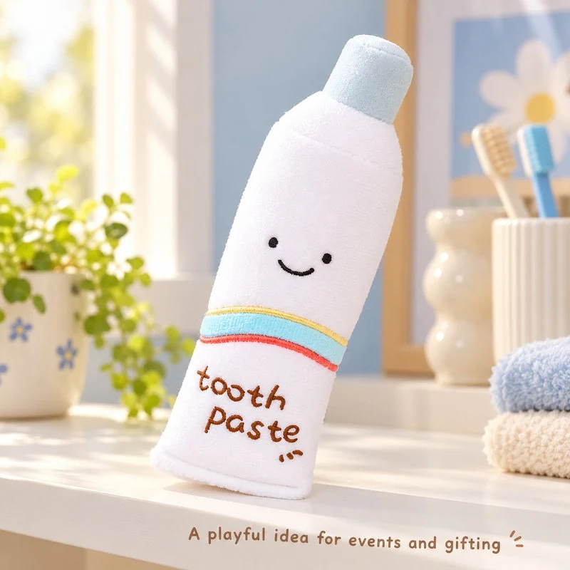 Illustrative application scene featuring smiling toothpaste tube plush toy; setting is a concept.