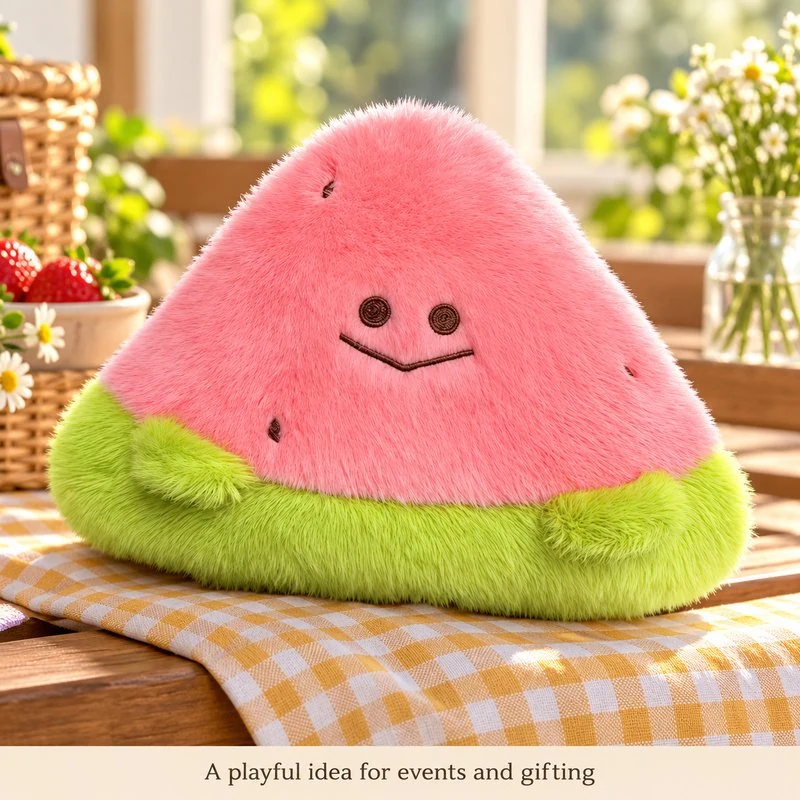 Illustrative application scene featuring triangular smiling watermelon plush; setting is a concept.