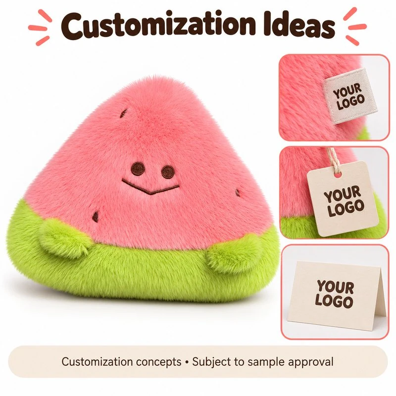 Customization concept for triangular smiling watermelon plush; feasibility and sample approval required.