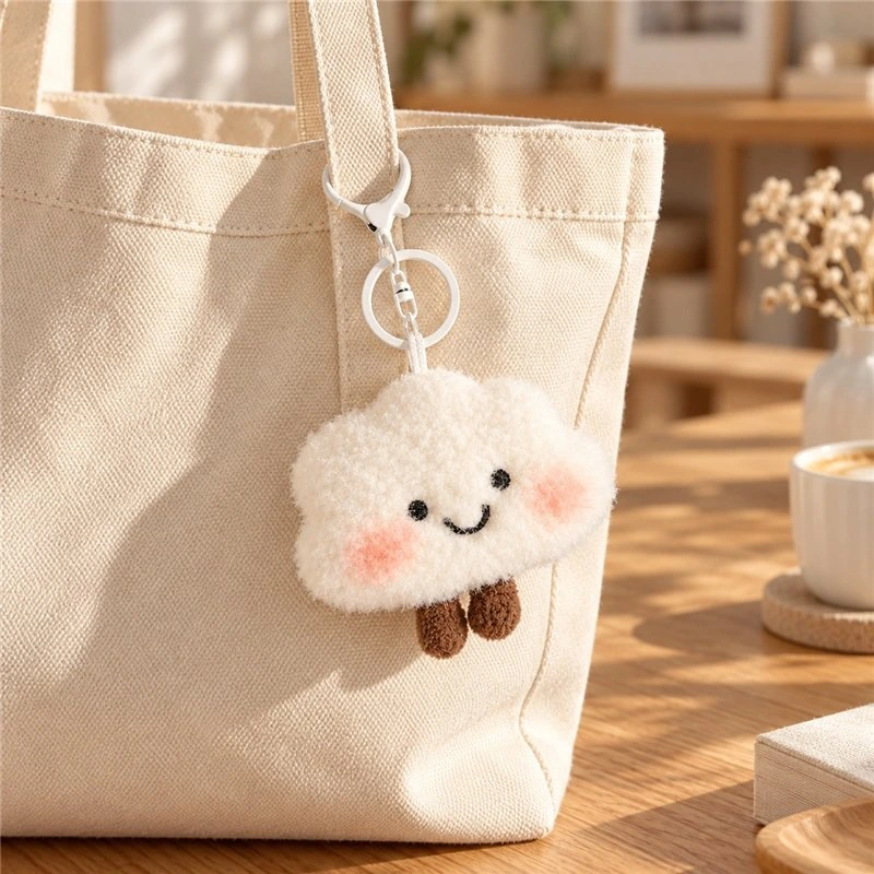 Illustrative application scene featuring smiling white cloud plush keychain; setting is a concept.