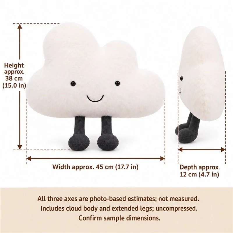 Smiling Cloud Dangling Legs Plush Pillow — proposed size reference; dimensions require sample confirmation.