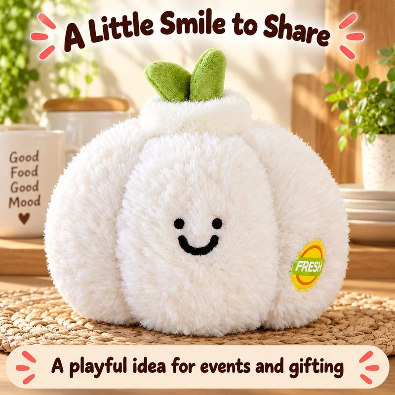 Illustrative application scene featuring smiling white garlic plush; setting is a concept.