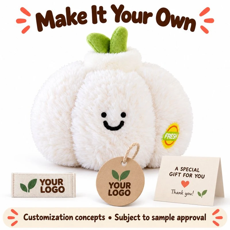Customization concept for smiling white garlic plush; feasibility and sample approval required.