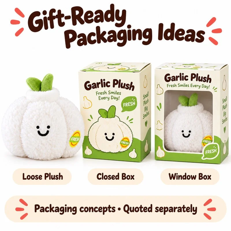 Smiling White Garlic Plush — optional packaging concept; final artwork, fit and quotation require confirmation.
