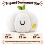 Smiling White Garlic Plush — proposed size reference; dimensions require sample confirmation.
