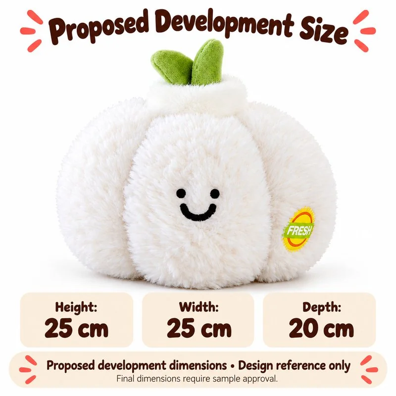 Smiling White Garlic Plush — proposed size reference; dimensions require sample confirmation.