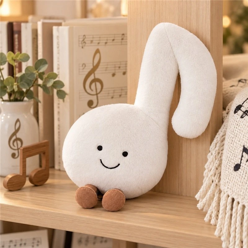 Illustrative application scene featuring smiling white music note plush; setting is a concept.