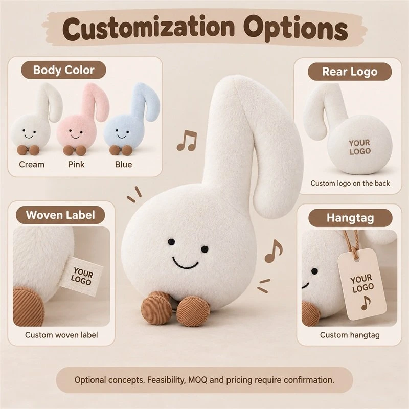 Customization concept for smiling white music note plush; feasibility and sample approval required.