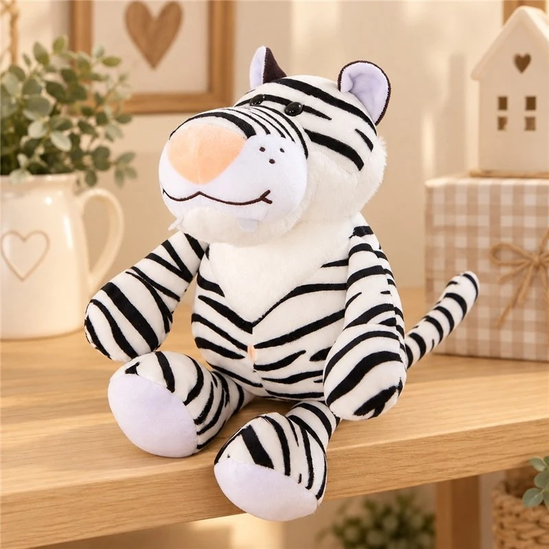 Illustrative application scene featuring smiling white tiger plush; setting is a concept.