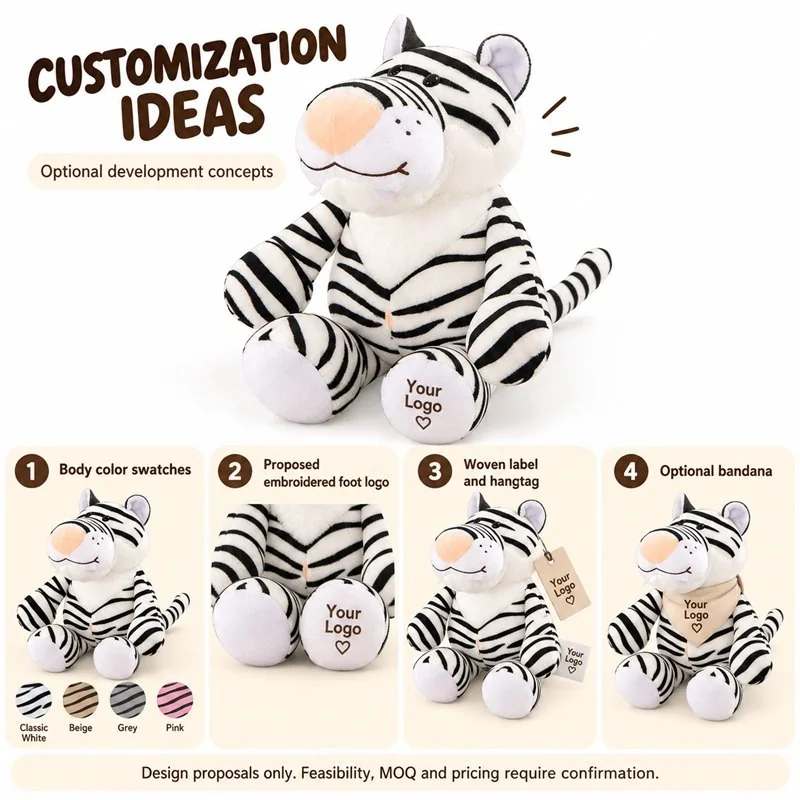 Customization concept for smiling white tiger plush; feasibility and sample approval required.