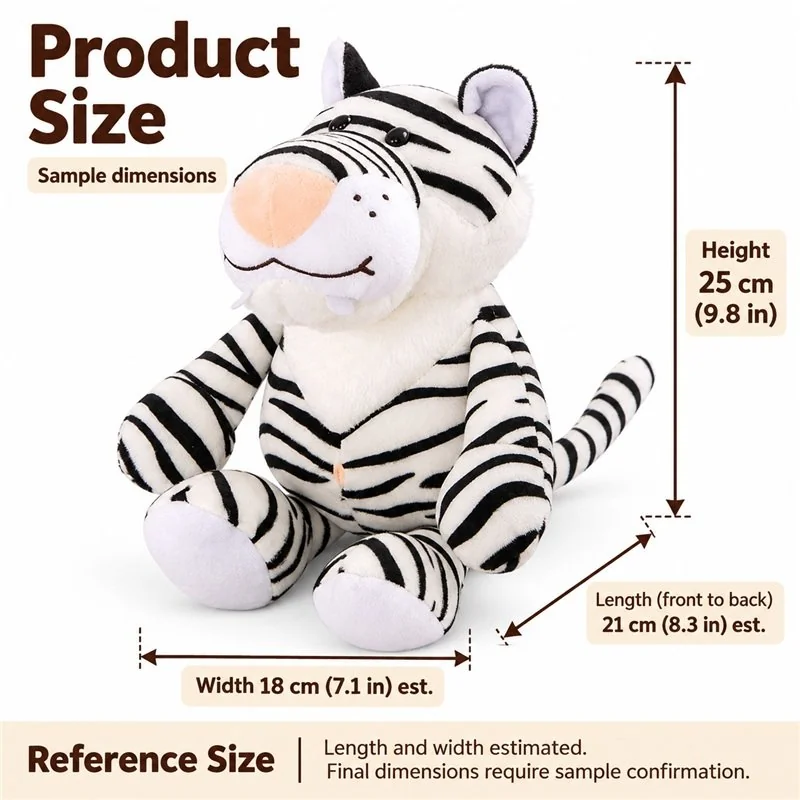Smiling White Tiger Plush — proposed size reference; dimensions require sample confirmation.