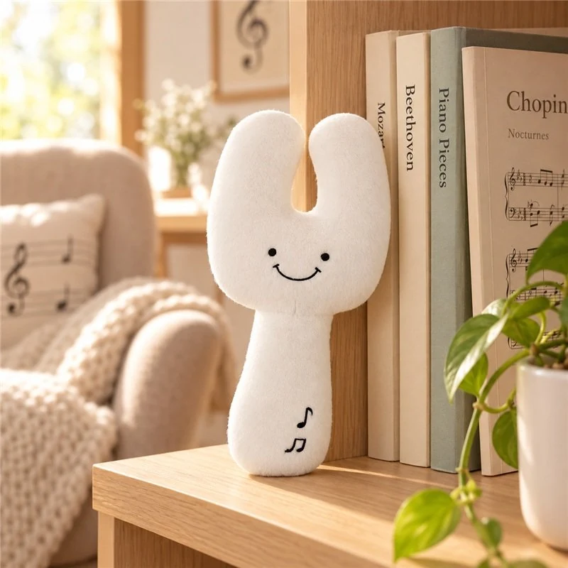 Illustrative application scene featuring smiling white tuning fork plush; setting is a concept.