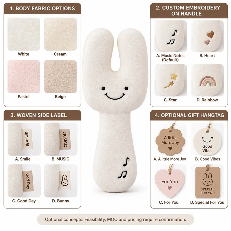 Customization concept for smiling white tuning fork plush; feasibility and sample approval required.