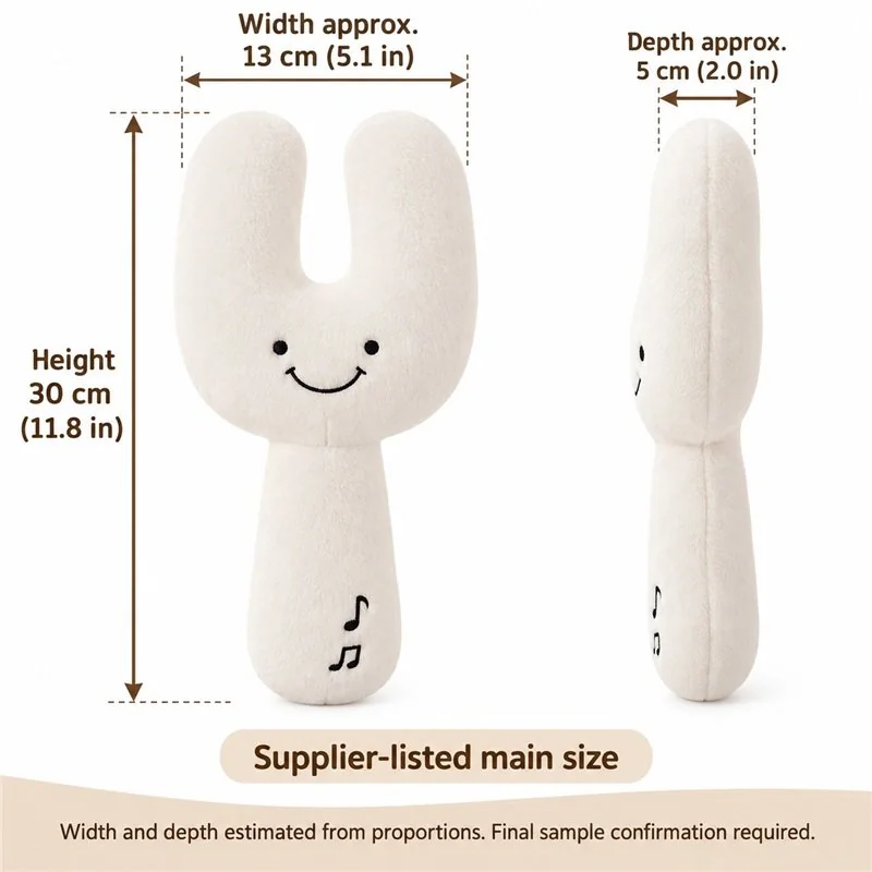 Smiling White Tuning Fork Plush — proposed size reference; dimensions require sample confirmation.