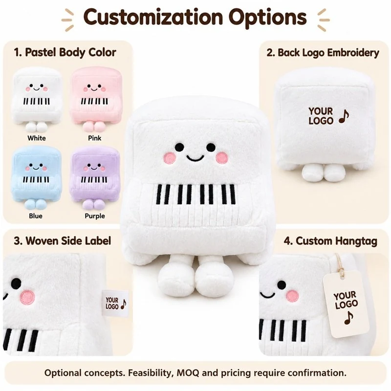 Customization concept for smiling white upright piano plush; feasibility and sample approval required.