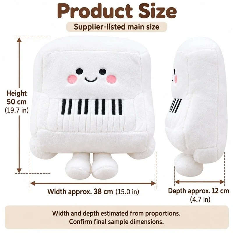 Smiling White Upright Piano Plush — proposed size reference; dimensions require sample confirmation.