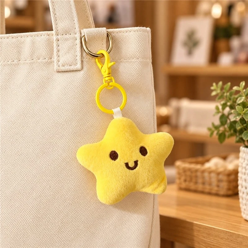 Illustrative application scene featuring smiling yellow star plush keychain; setting is a concept.