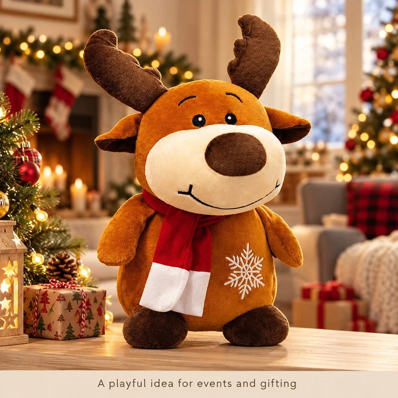 Illustrative application scene featuring snowflake scarf reindeer plush; setting is a concept.