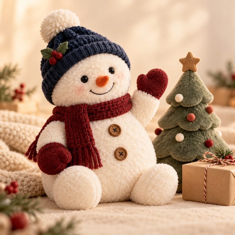 Illustrative snowman and Christmas tree plush gifts