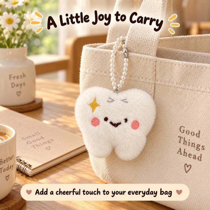 Illustrative application scene featuring sparkling white tooth plush keychain; setting is a concept.
