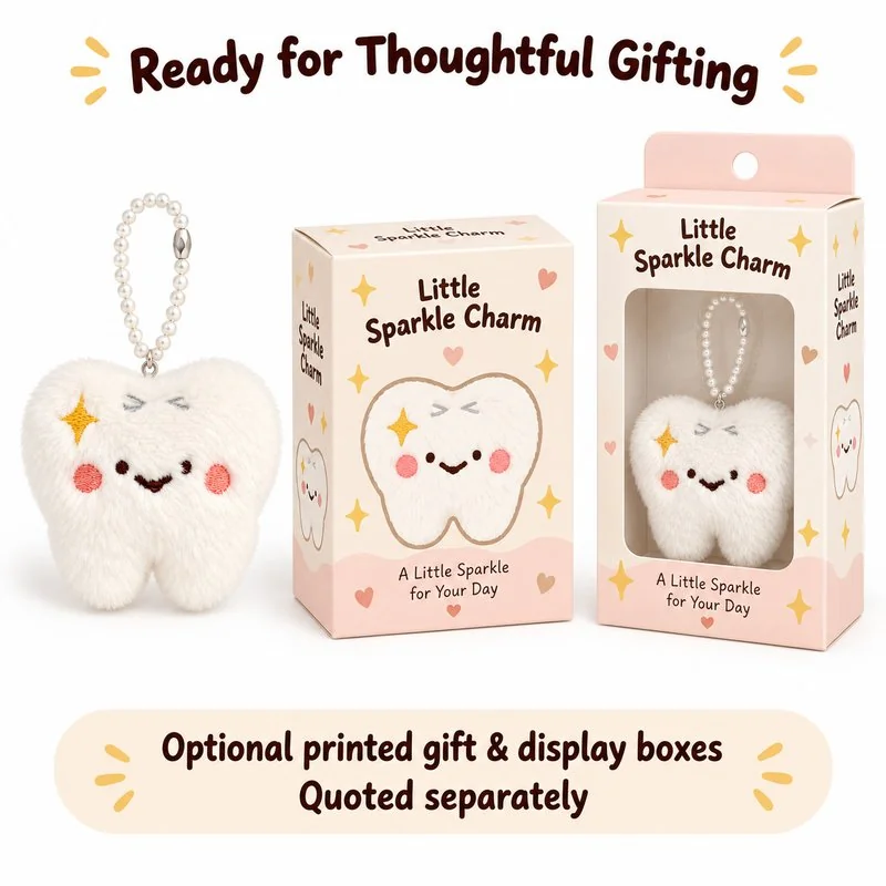 Sparkling White Tooth Plush Keychain — optional packaging concept; final artwork, fit and quotation require confirmation.