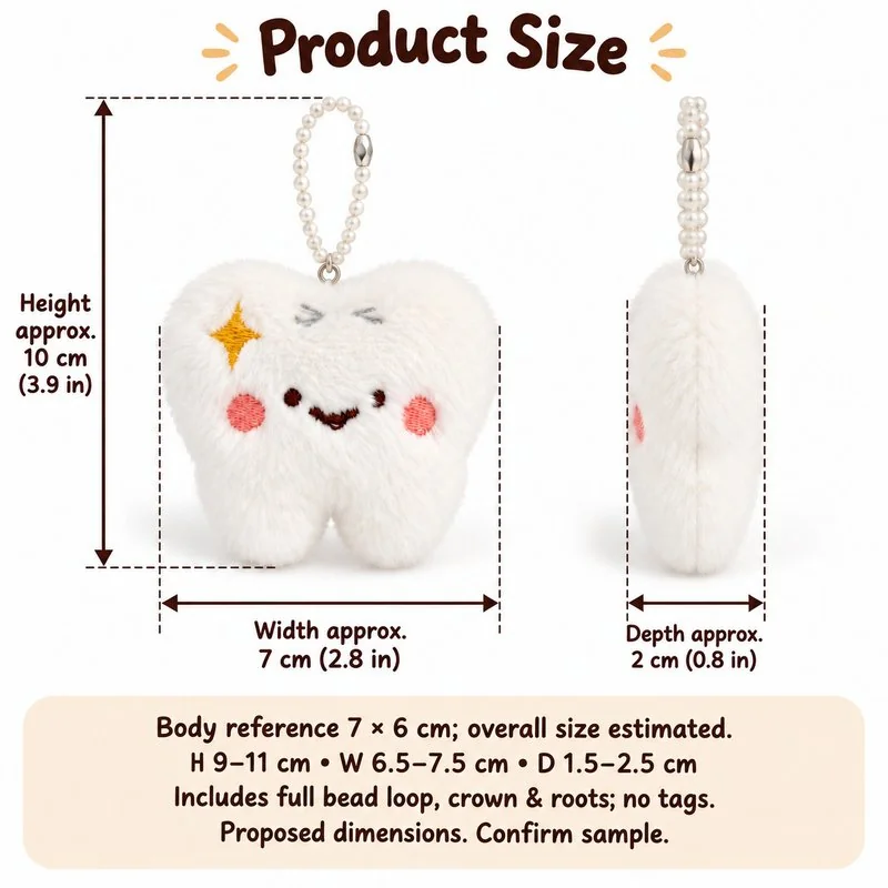 Sparkling White Tooth Plush Keychain — proposed size reference; dimensions require sample confirmation.