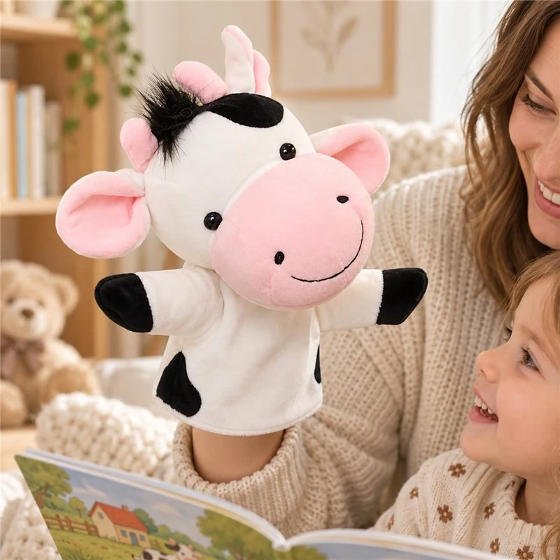 Illustrative application scene featuring spotted cow hand puppet; setting is a concept.