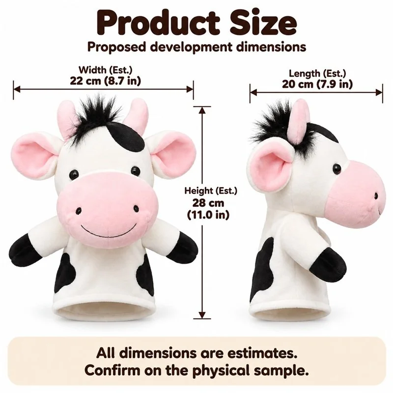 Spotted Cow Hand Puppet — proposed size reference; dimensions require sample confirmation.