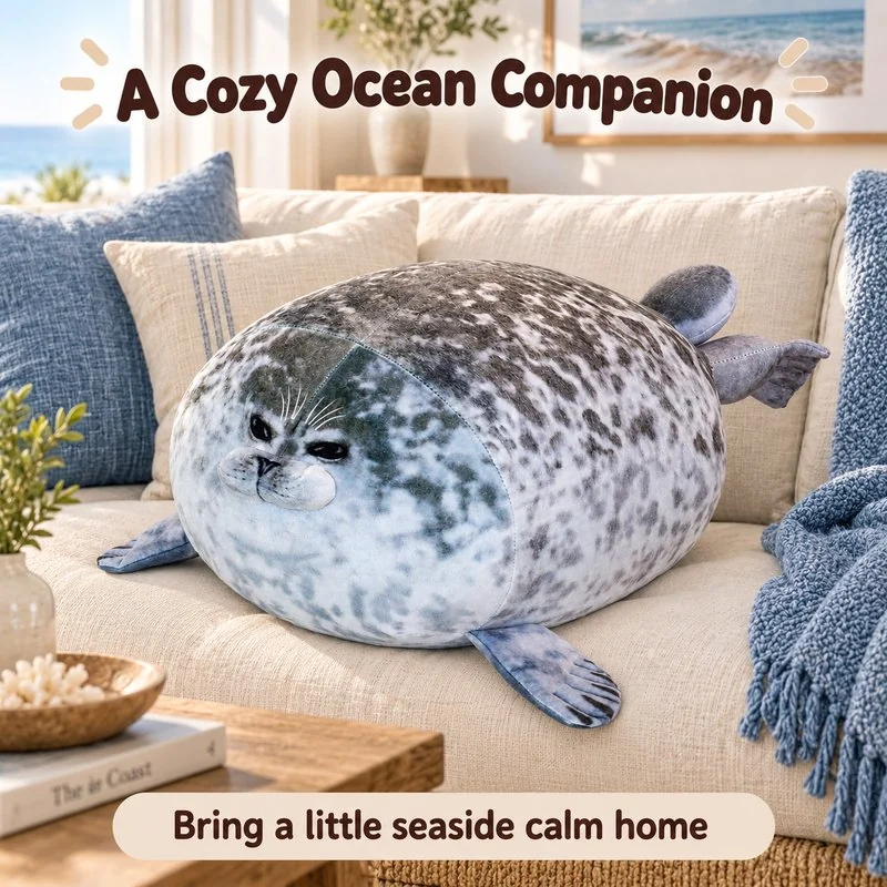 Illustrative application scene featuring spotted seal plush; setting is a concept.