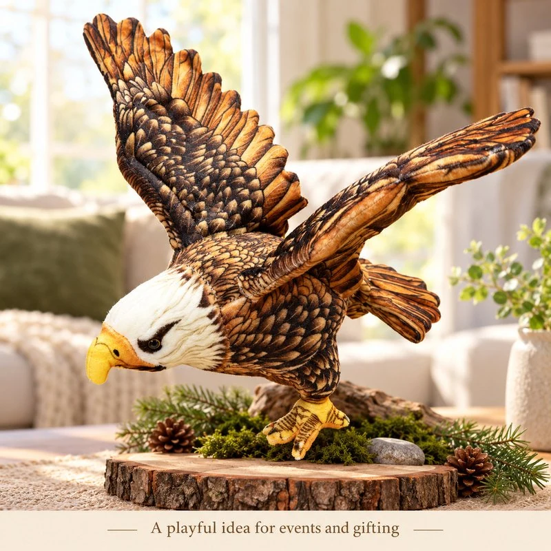 Illustrative application scene featuring spread wing bald eagle plush; setting is a concept.