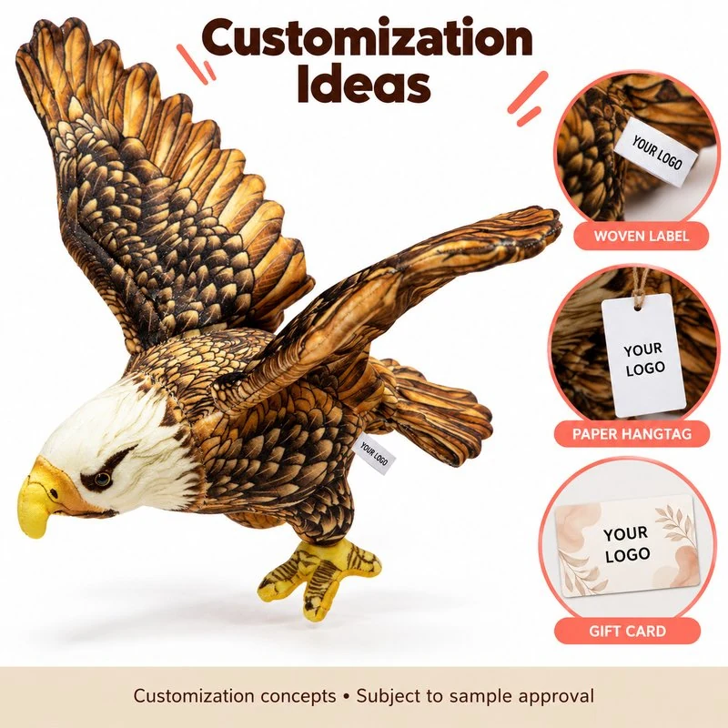 Customization concept for spread wing bald eagle plush; feasibility and sample approval required.