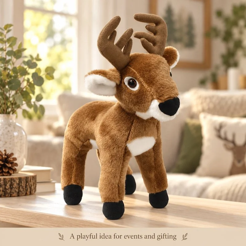 Illustrative application scene featuring standing antler deer plush; setting is a concept.