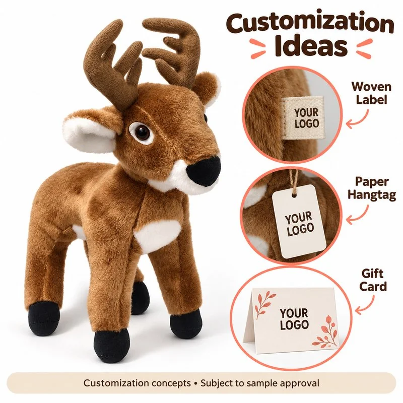 Customization concept for standing antler deer plush; feasibility and sample approval required.