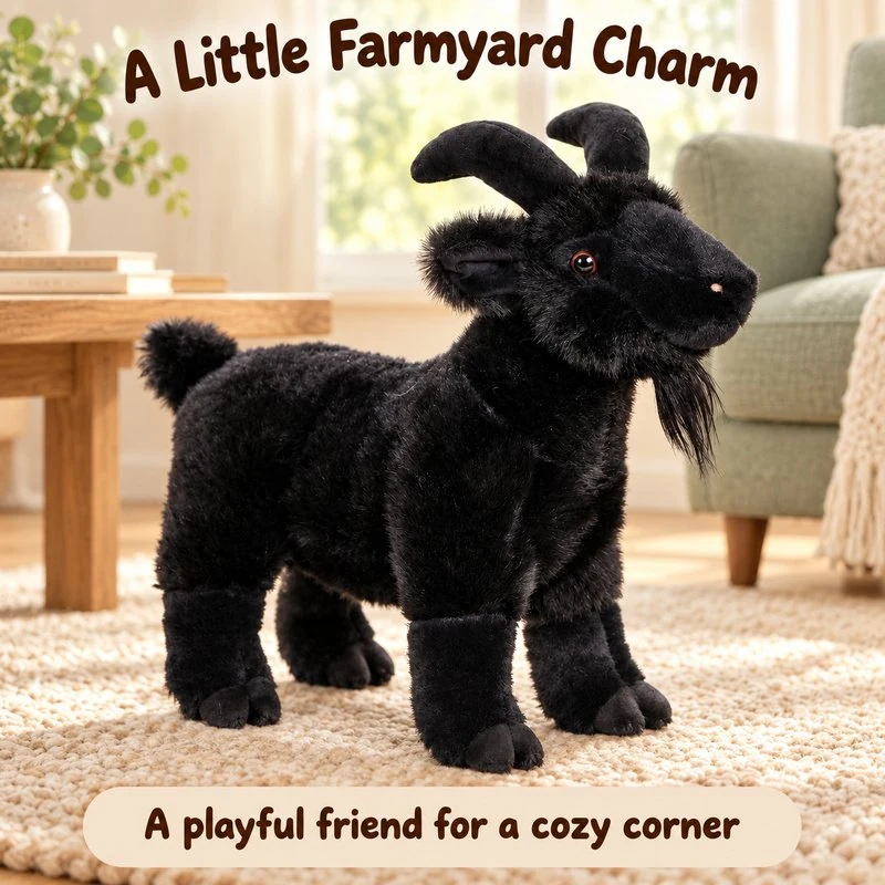 Illustrative application scene featuring standing black goat plush; setting is a concept.