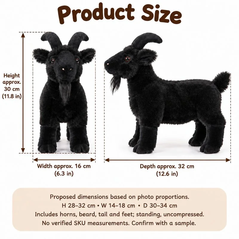 Standing Black Goat Plush — proposed size reference; dimensions require sample confirmation.