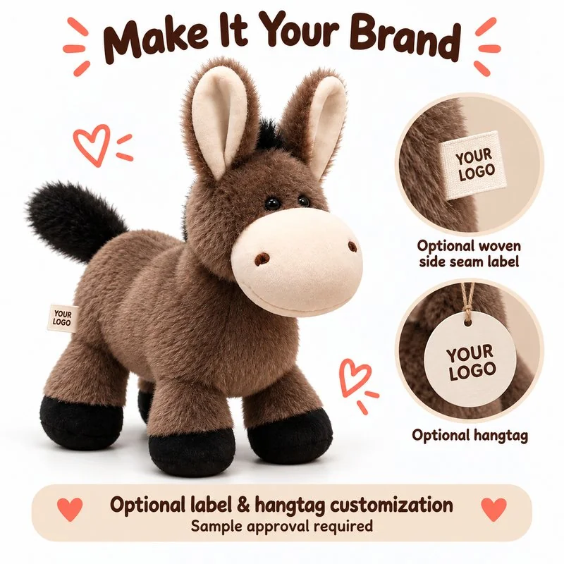 Customization concept for standing brown donkey plush; feasibility and sample approval required.