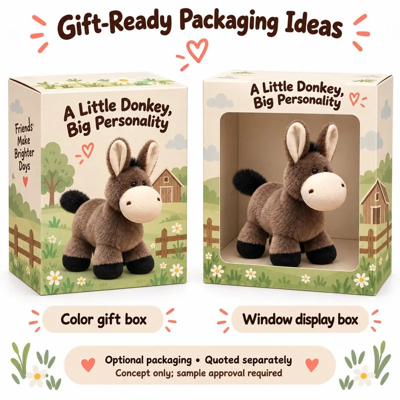 Standing Brown Donkey Plush — optional packaging concept; final artwork, fit and quotation require confirmation.