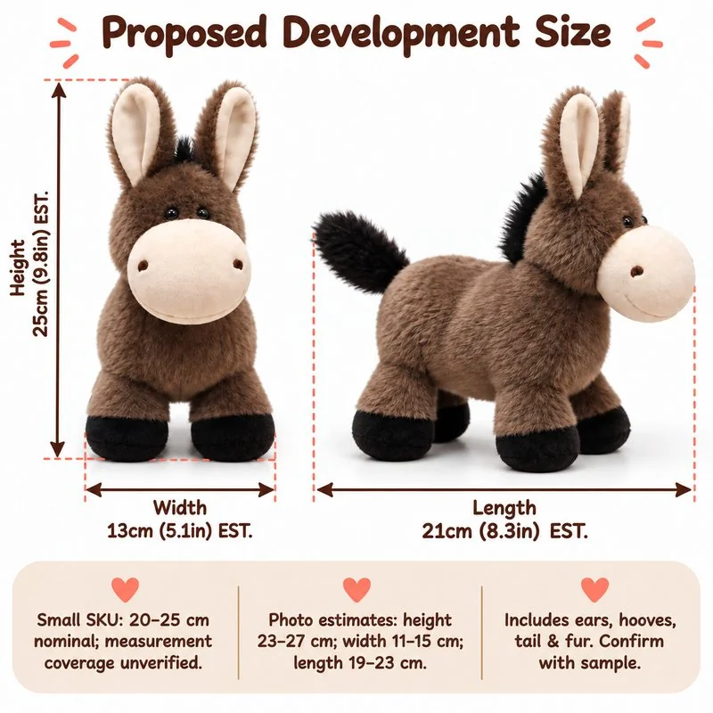 Standing Brown Donkey Plush — proposed size reference; dimensions require sample confirmation.