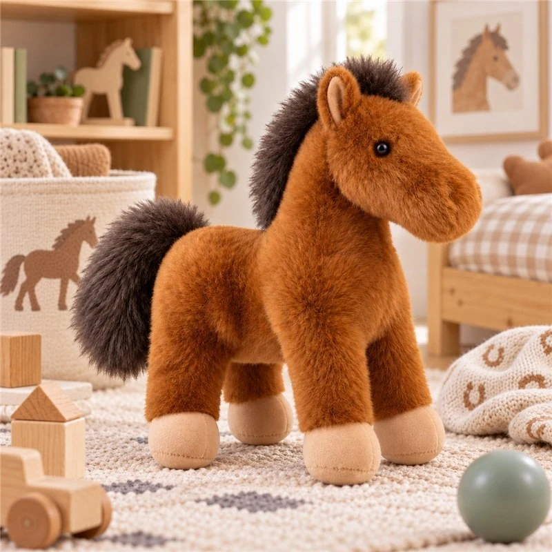 Illustrative application scene featuring standing brown horse plush; setting is a concept.